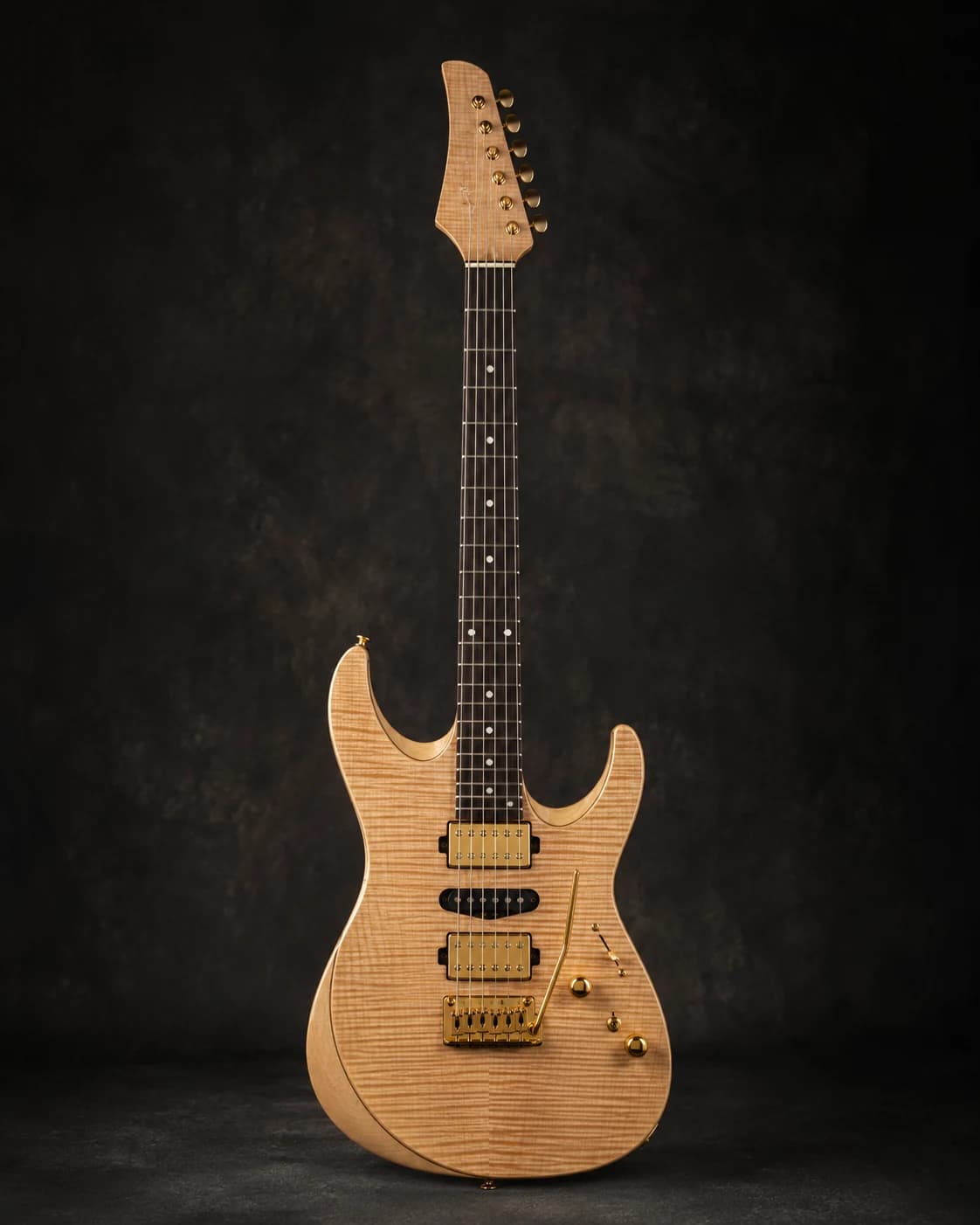 AI concept reference for the SJR-SRS model family, showing a natural figured double-cut guitar